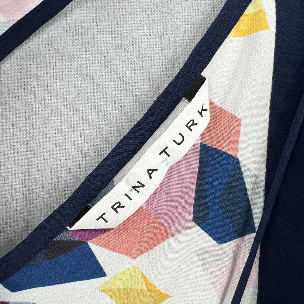 TRINA TURK Shirt Womens Small White Navy Silk Top Multicolored Geo Print Halter - Picture 9 of 9